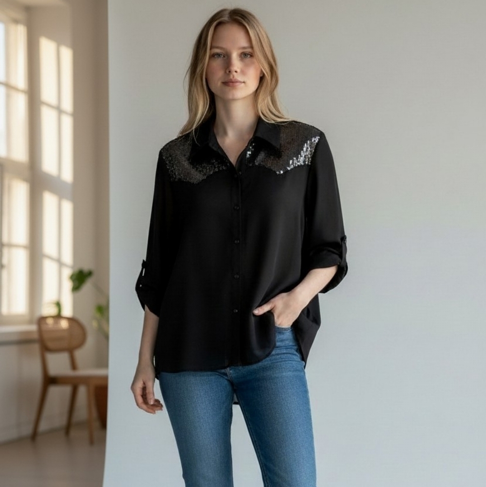 Roper Black Sequin Button Down Western Cowgirl Shirt Sz L